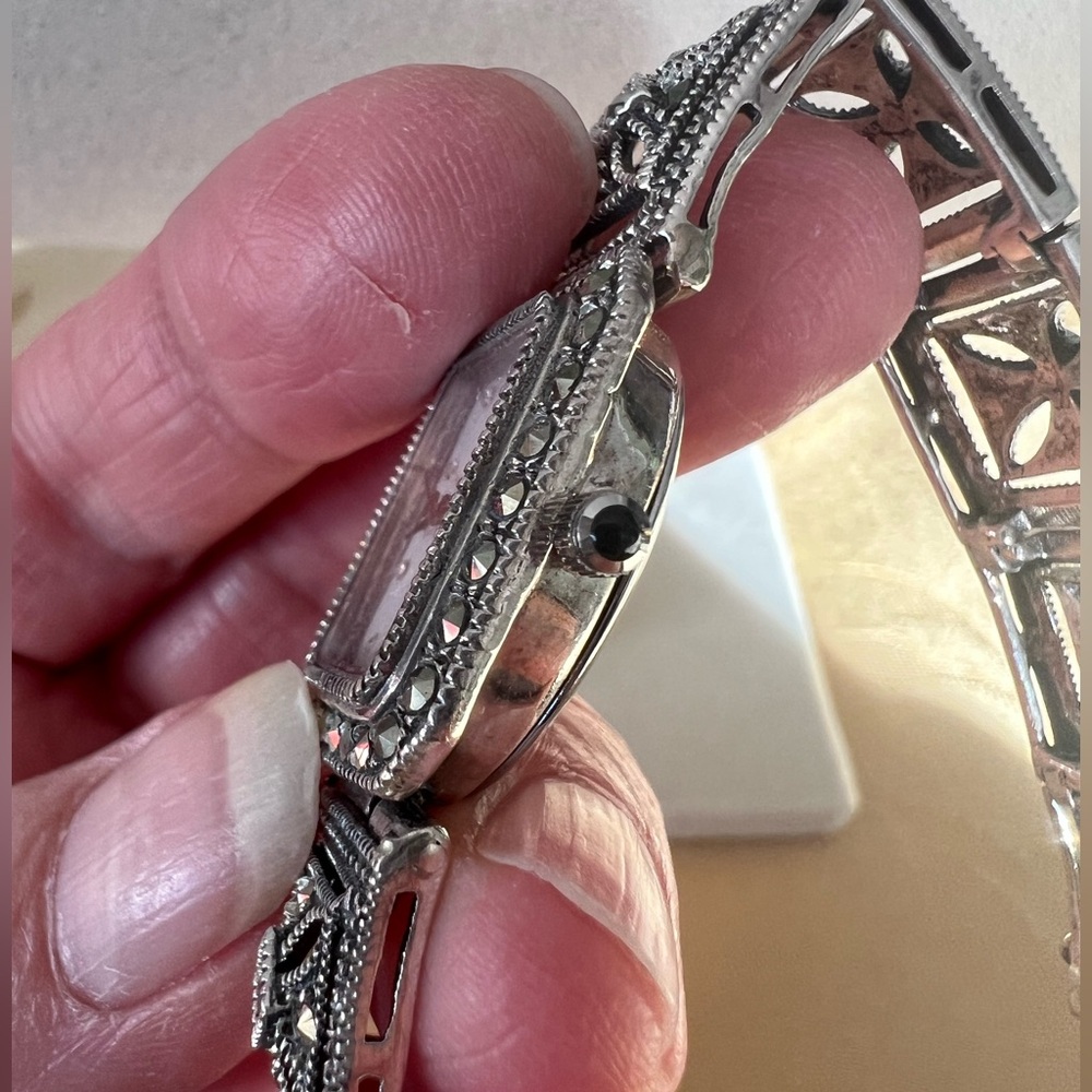 Vintage Art Deco Marcasite DBJ Sterling .925 Tank Watch with New Battery - Picture 5 of 15